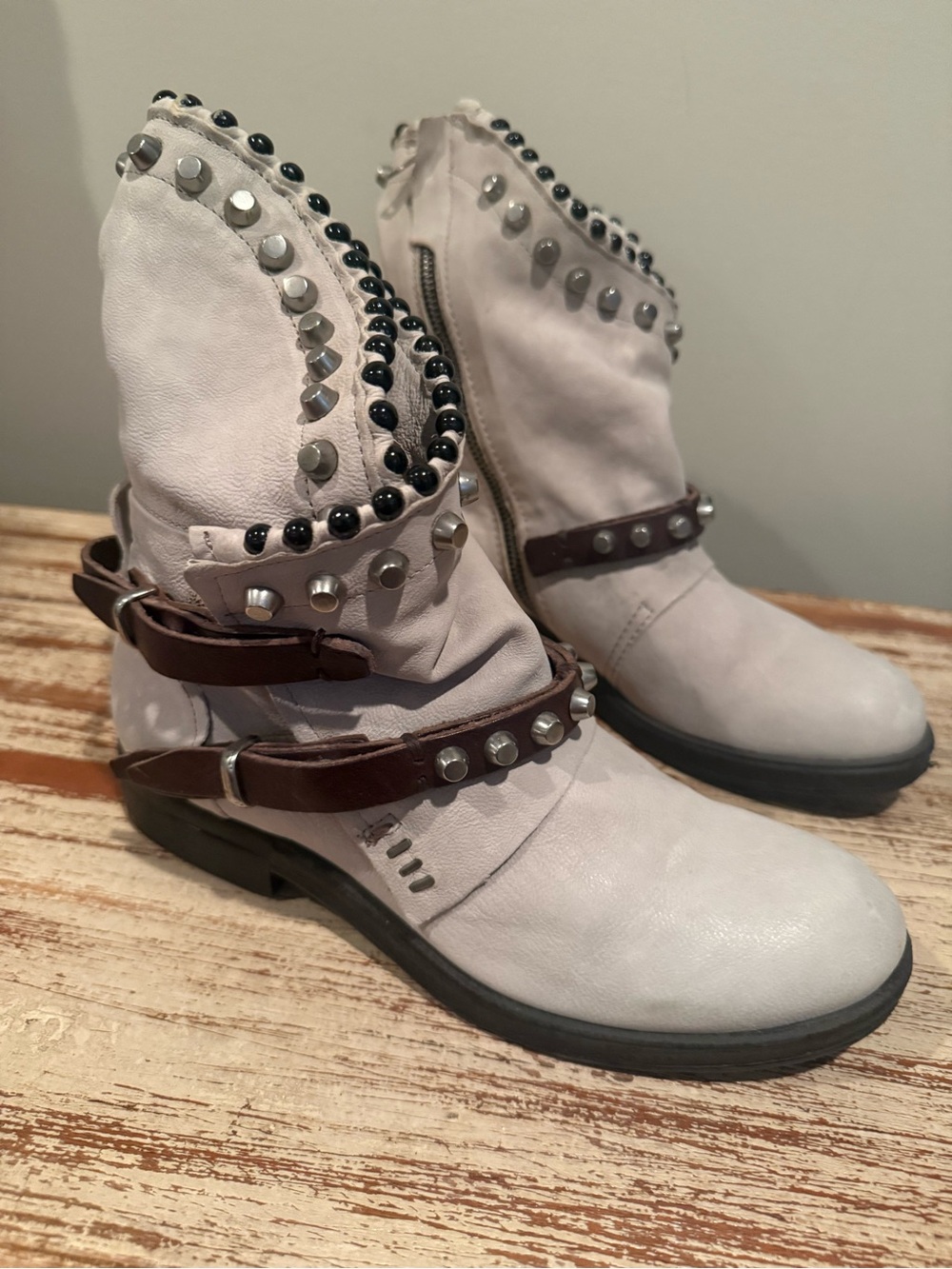 A.S.98 Light Grey Suede Studded Ankle Boots with Brown Strap